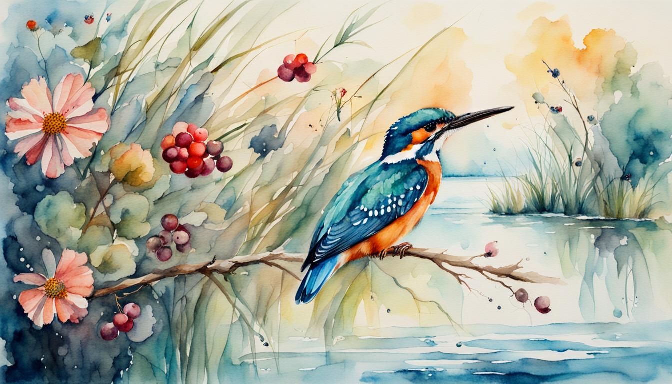 Kingfisher with Flowers in Watercolor Style