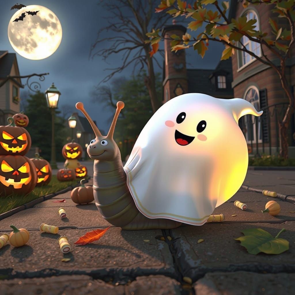 Cheerful Snail in Ghost Costume on Halloween Tour