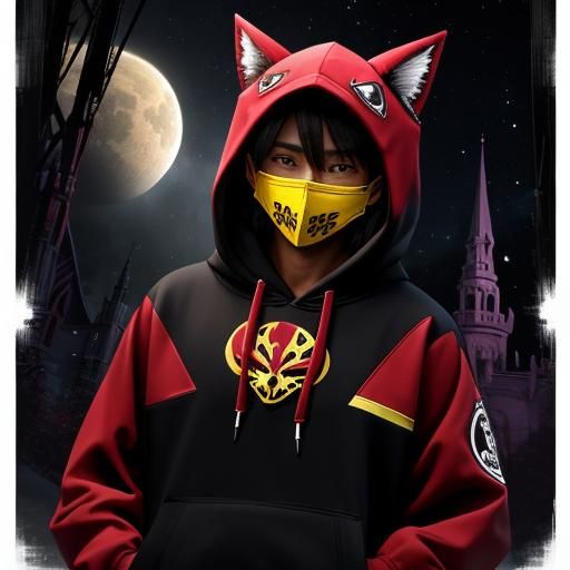 Crimson Masked Trickster in a Cosmic Hoodie