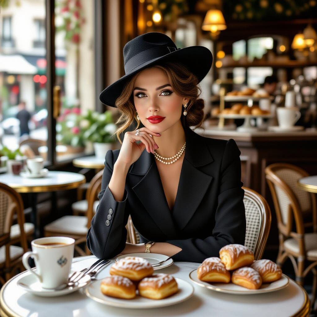 Chic French Woman at Vintage Cafe
