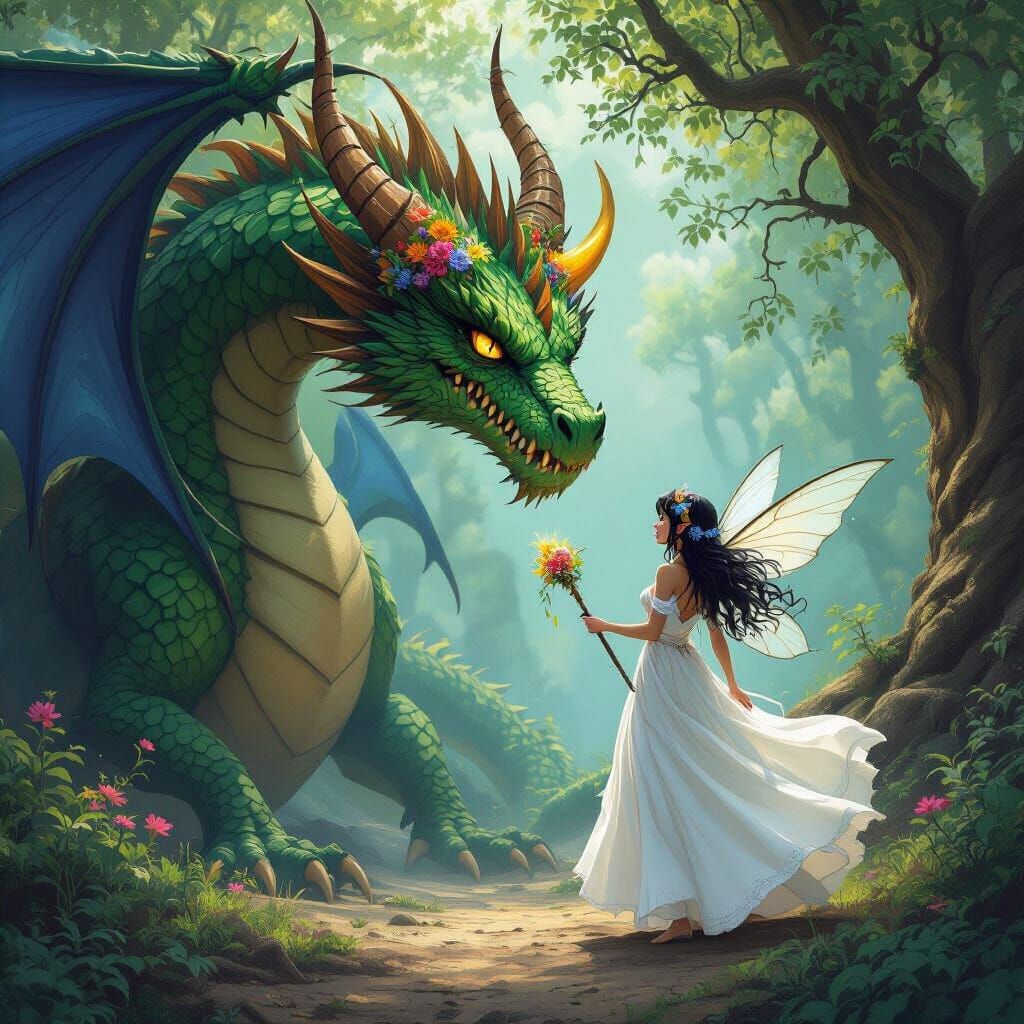 Fairy Faces Dragon in Mystical Oak Forest