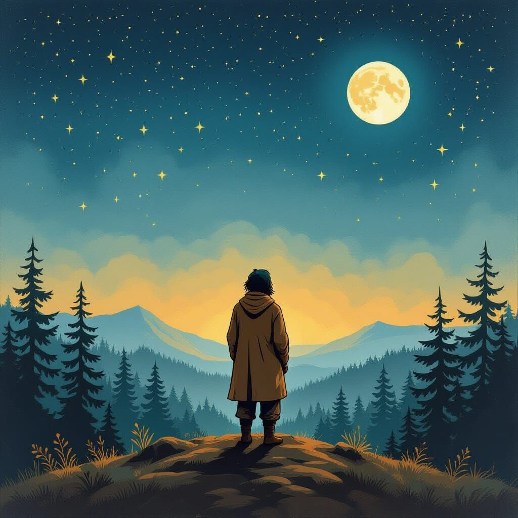 Lonely Stargazer in Folk Art Style