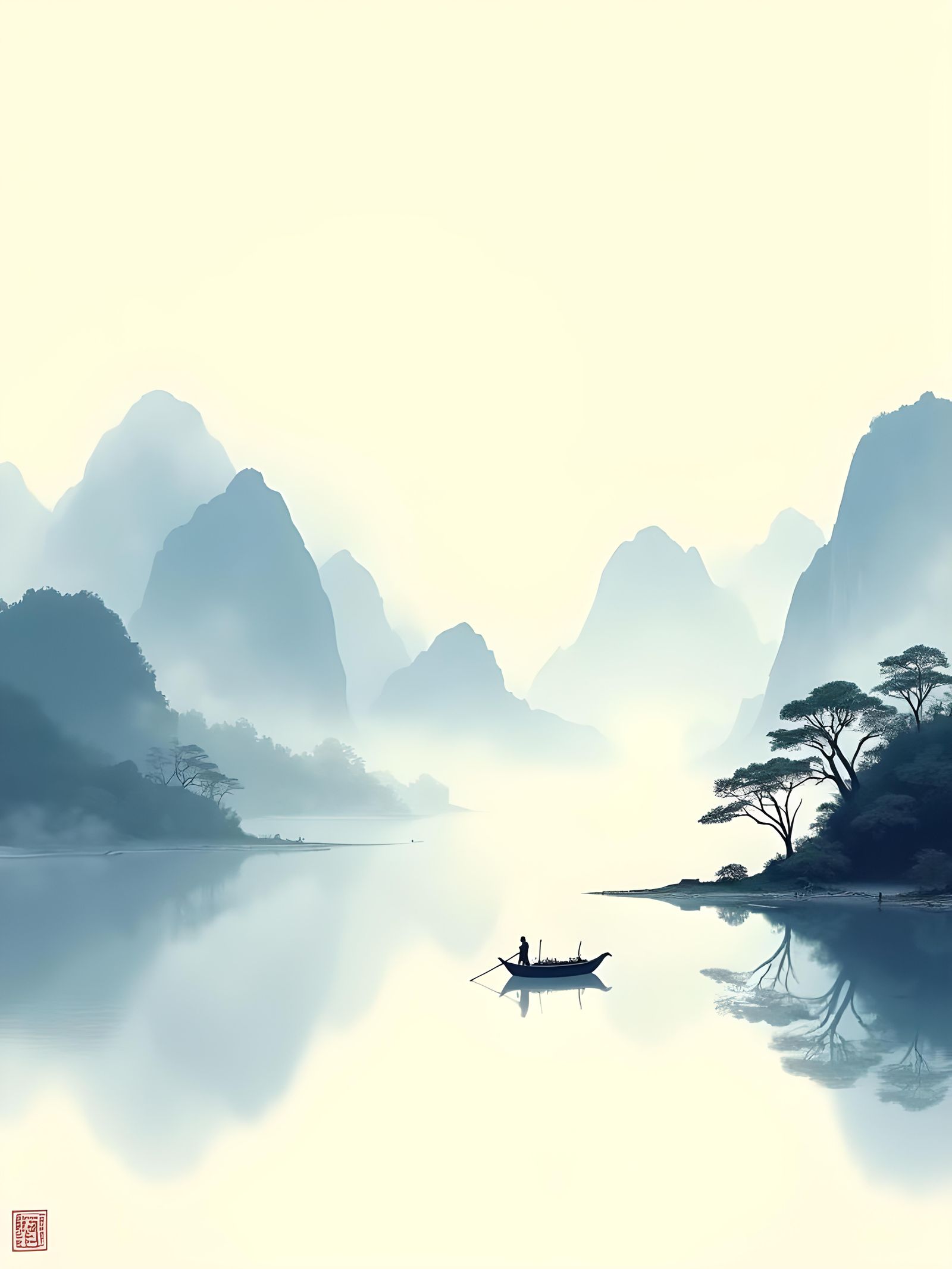 Guilin Lake in Minimalist Ink Watercolor