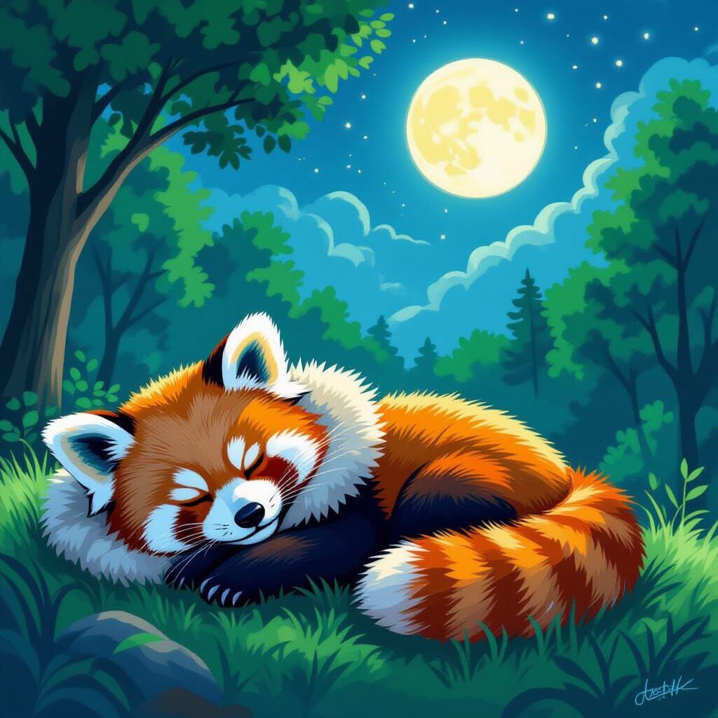 Red Panda Dreams Under Moonlit Sky: Digital Illustration