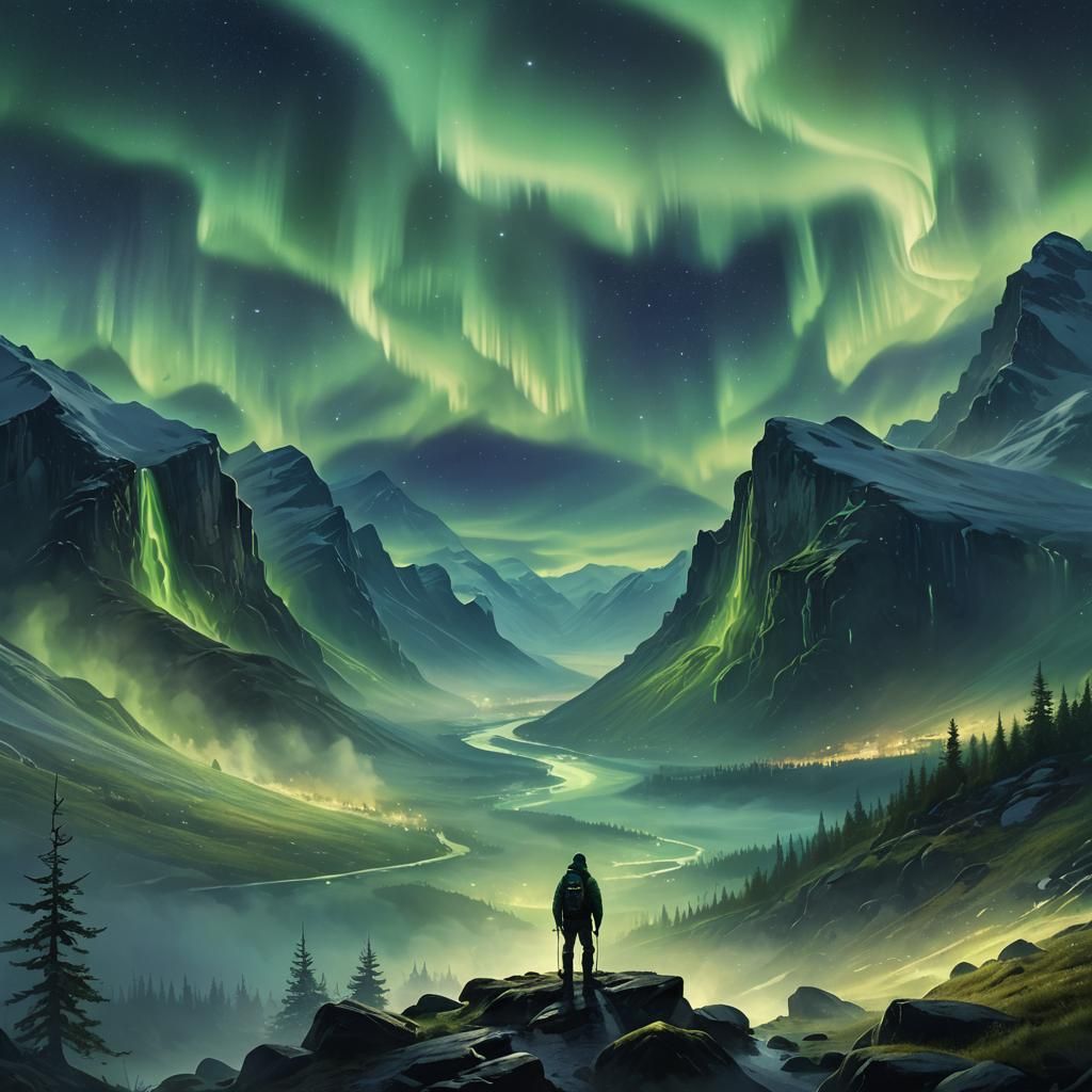 Northern Lights Over Foggy Mountain Valley