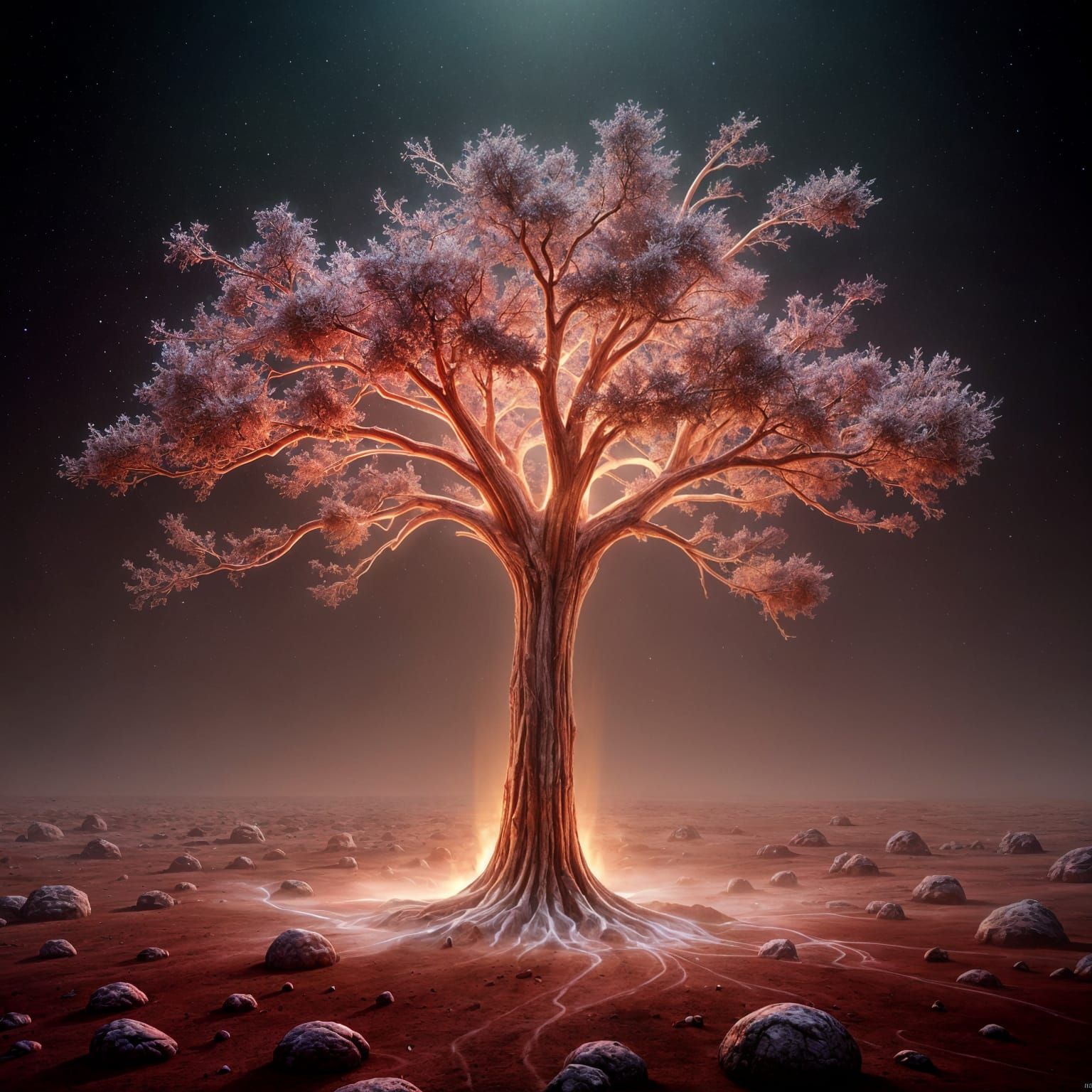 Bioluminescent Tree on Barren Mars Landscape