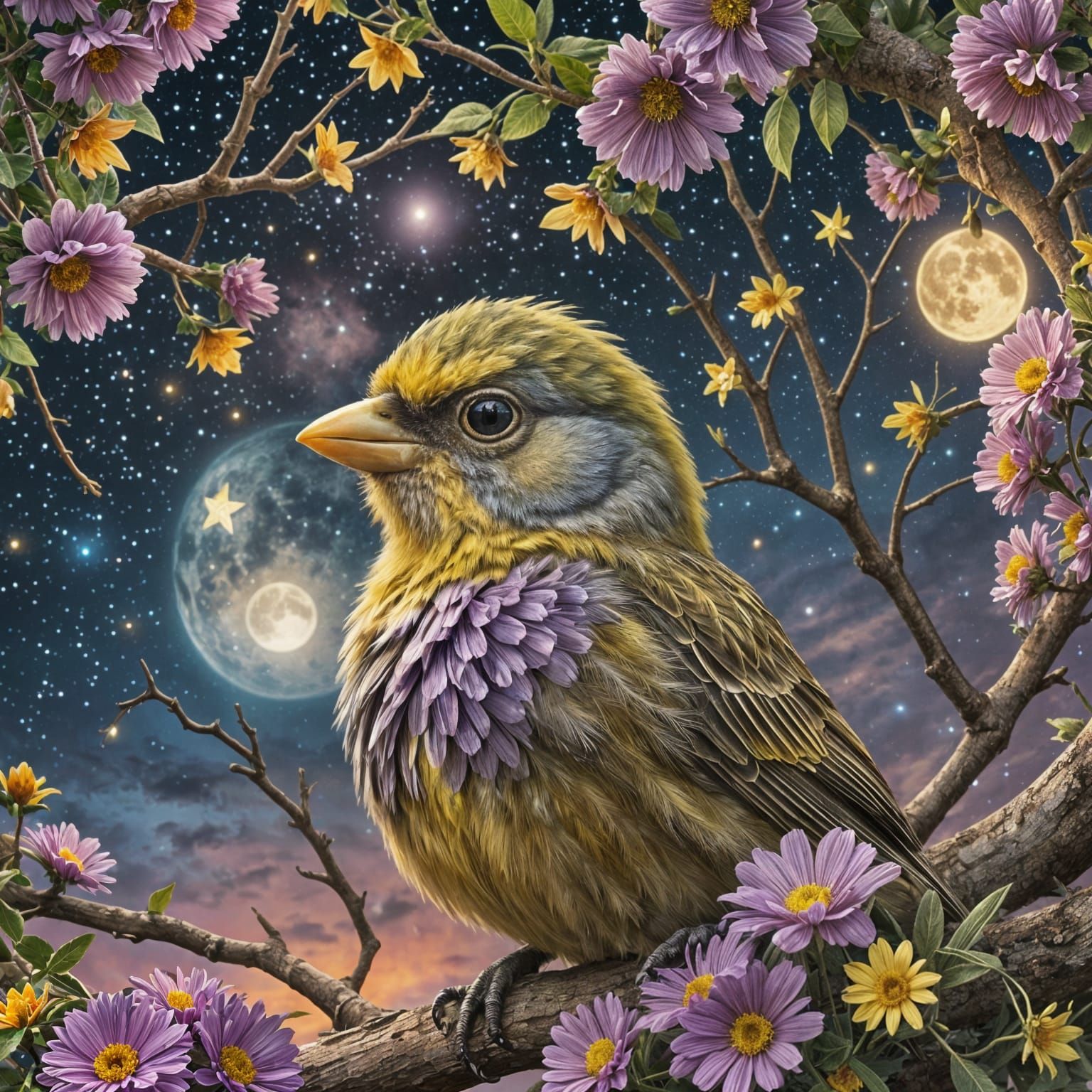 Fluffy Purple Canary in Starry Floral Tree