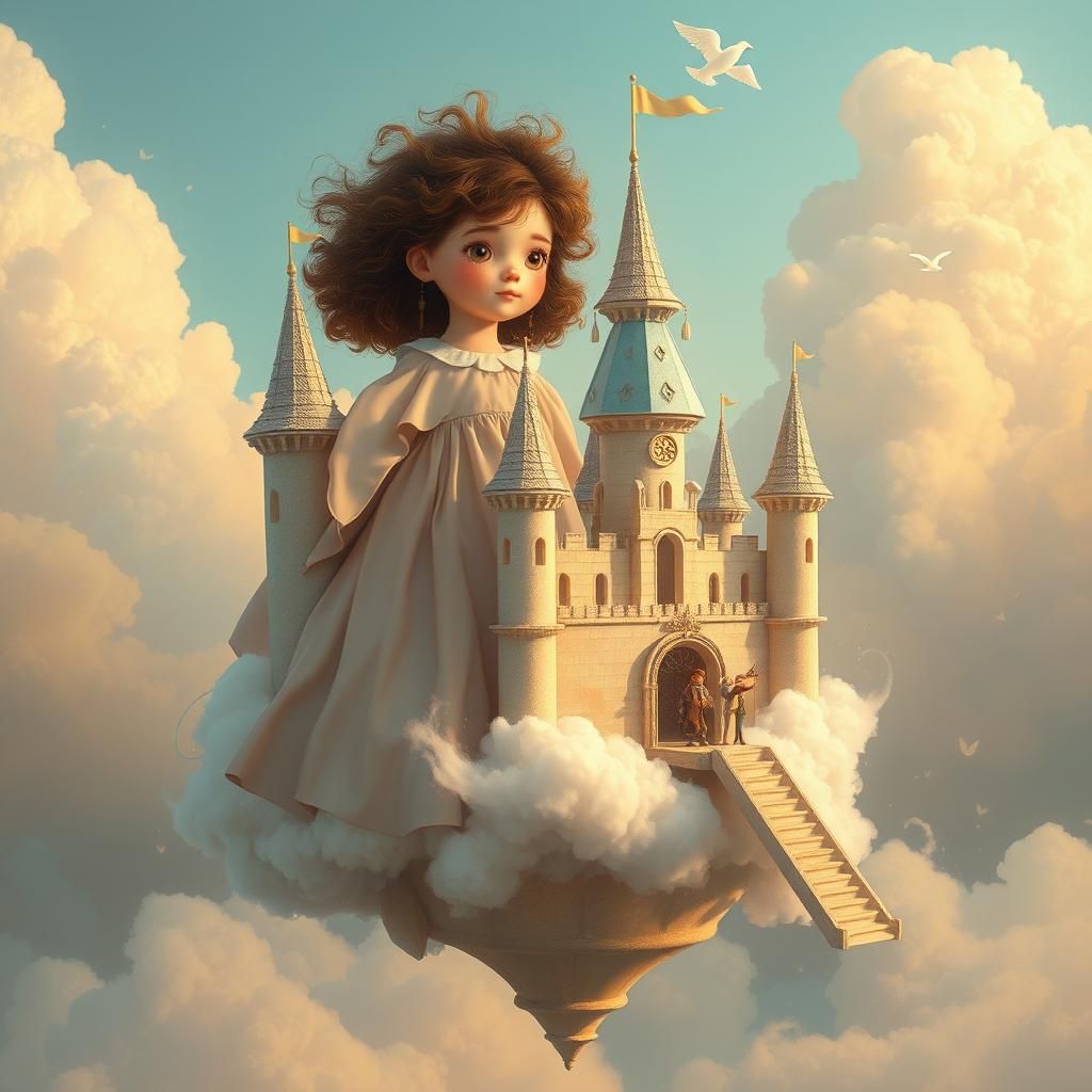 Girl Builds Cloud Castle: Dreamy Surreal Illustration