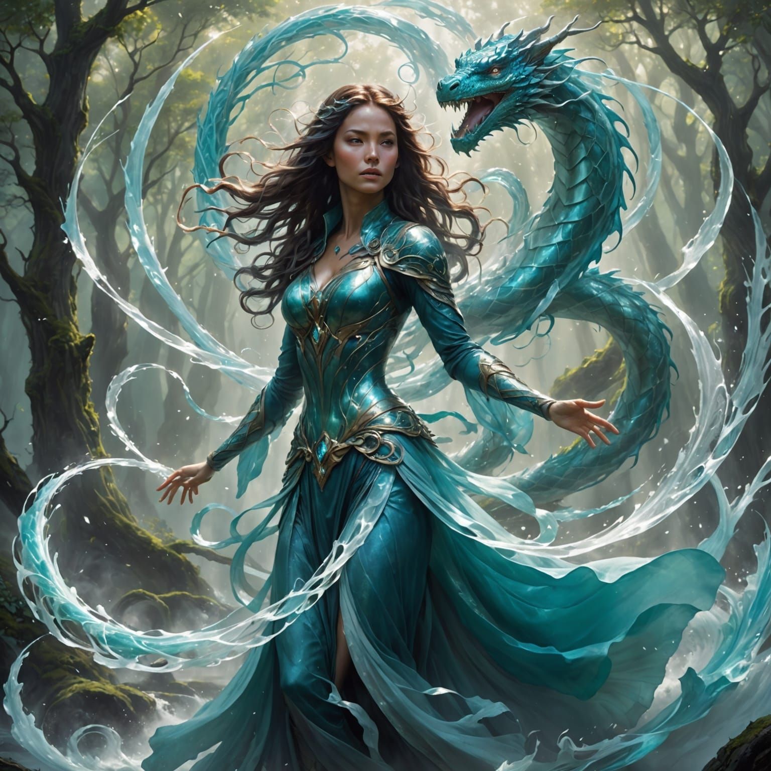 Air Elemental Woman Ascends Vortex with Water Dragon