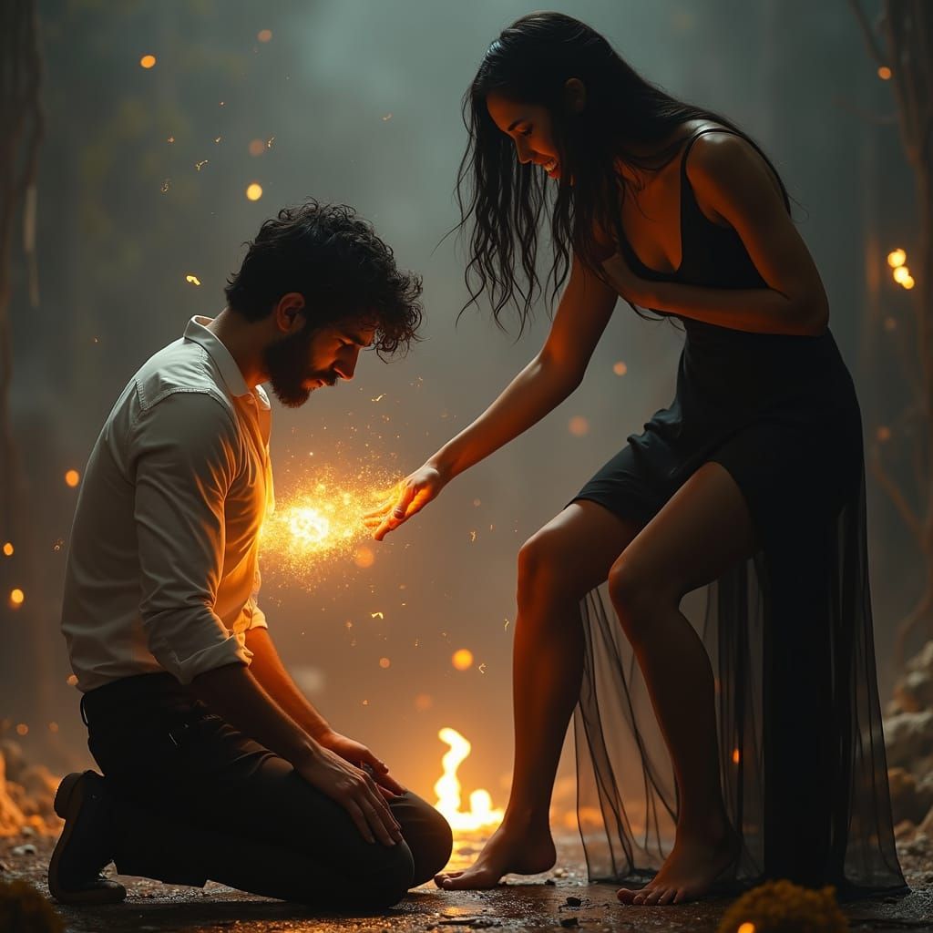 Tormented Man in Dark, Gritty Scene with Commanding Woman