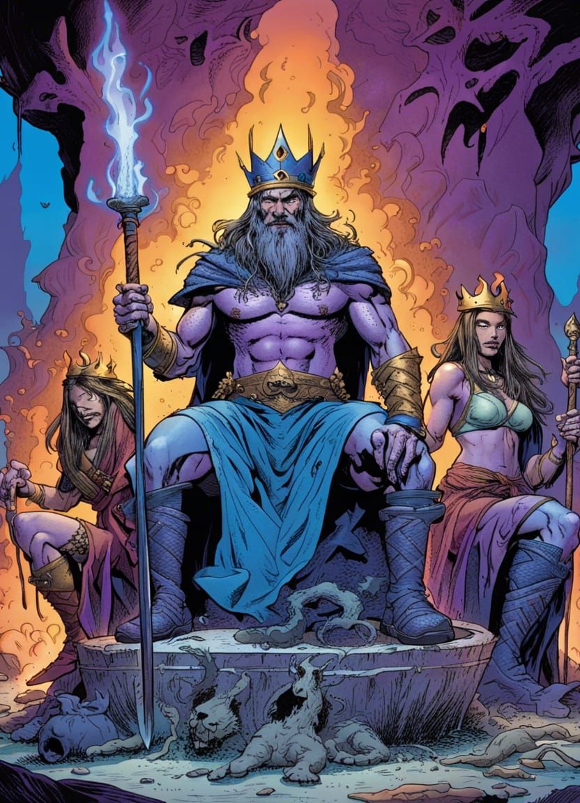 King, Witches, and Cauldron in Jim Lee Comic Style