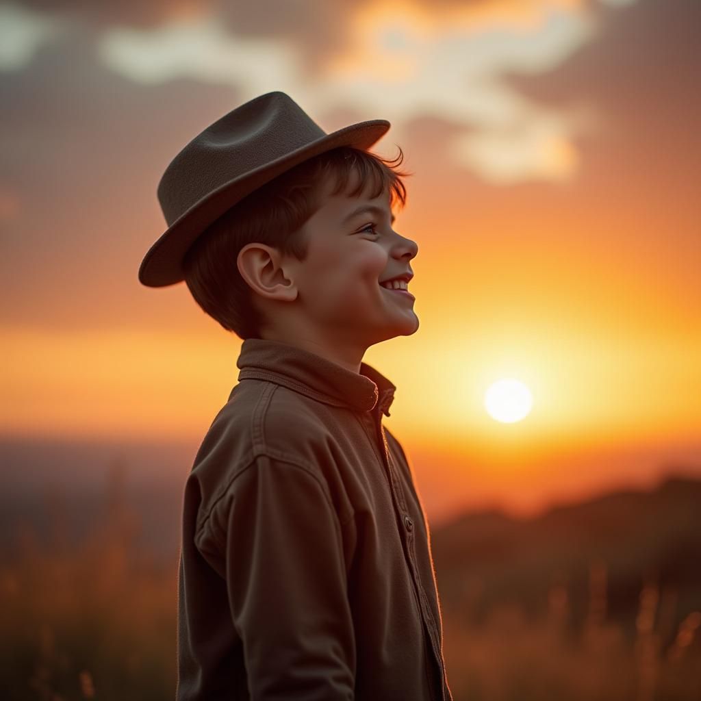 Chassidic Boy Smiling at Sunset Sky