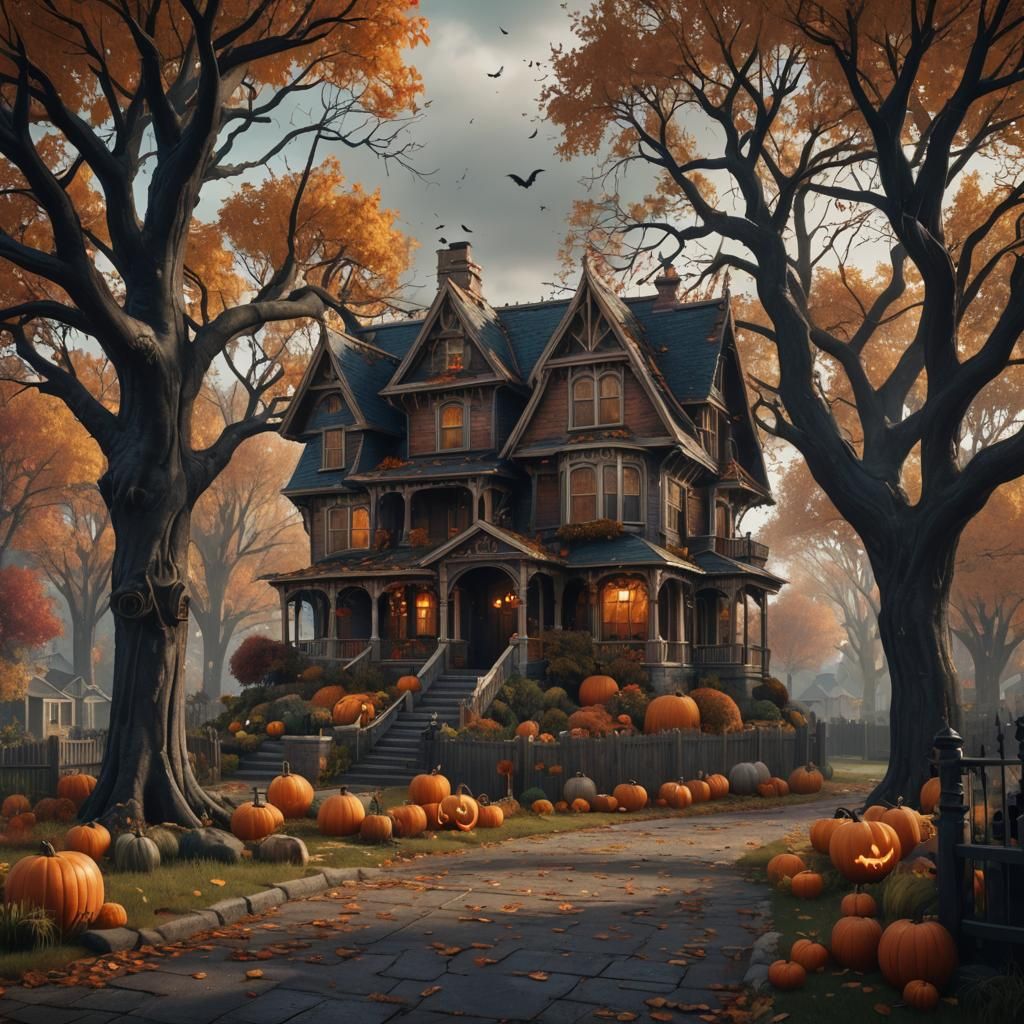 Halloween House in Suburbs: Detailed Matte Painting