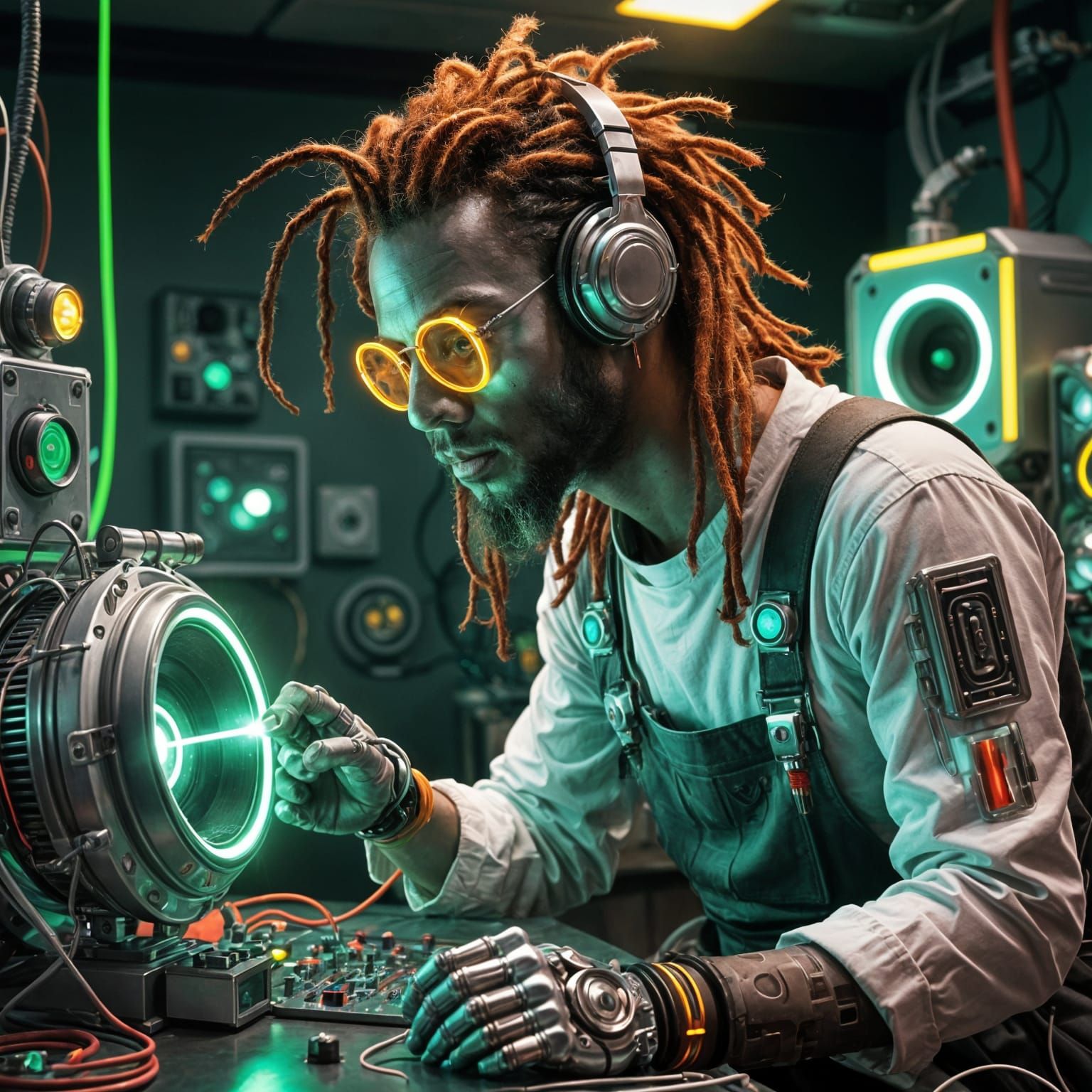 Futuristic Space Scientist Works on Neon-Lit Space Speaker I...