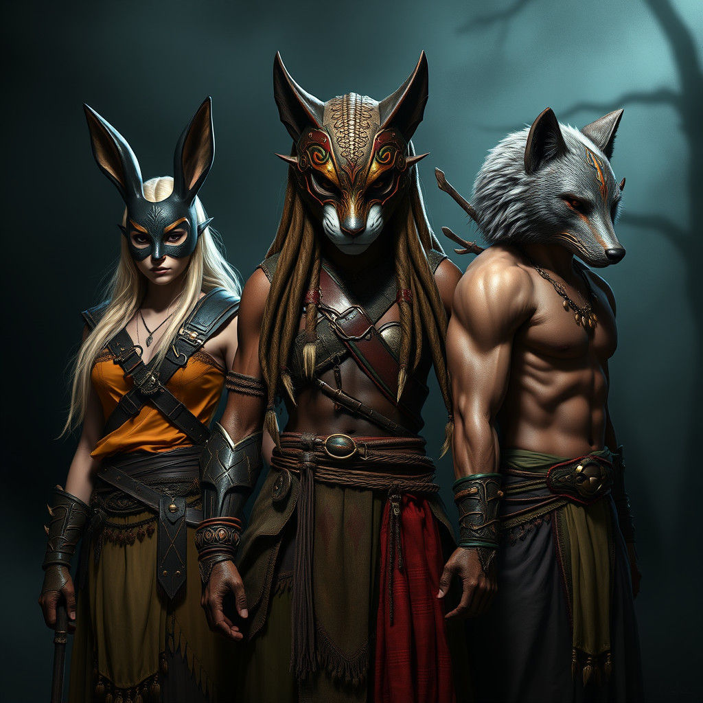 Mystical Warriors in a Dimly Lit Fantasy Realm