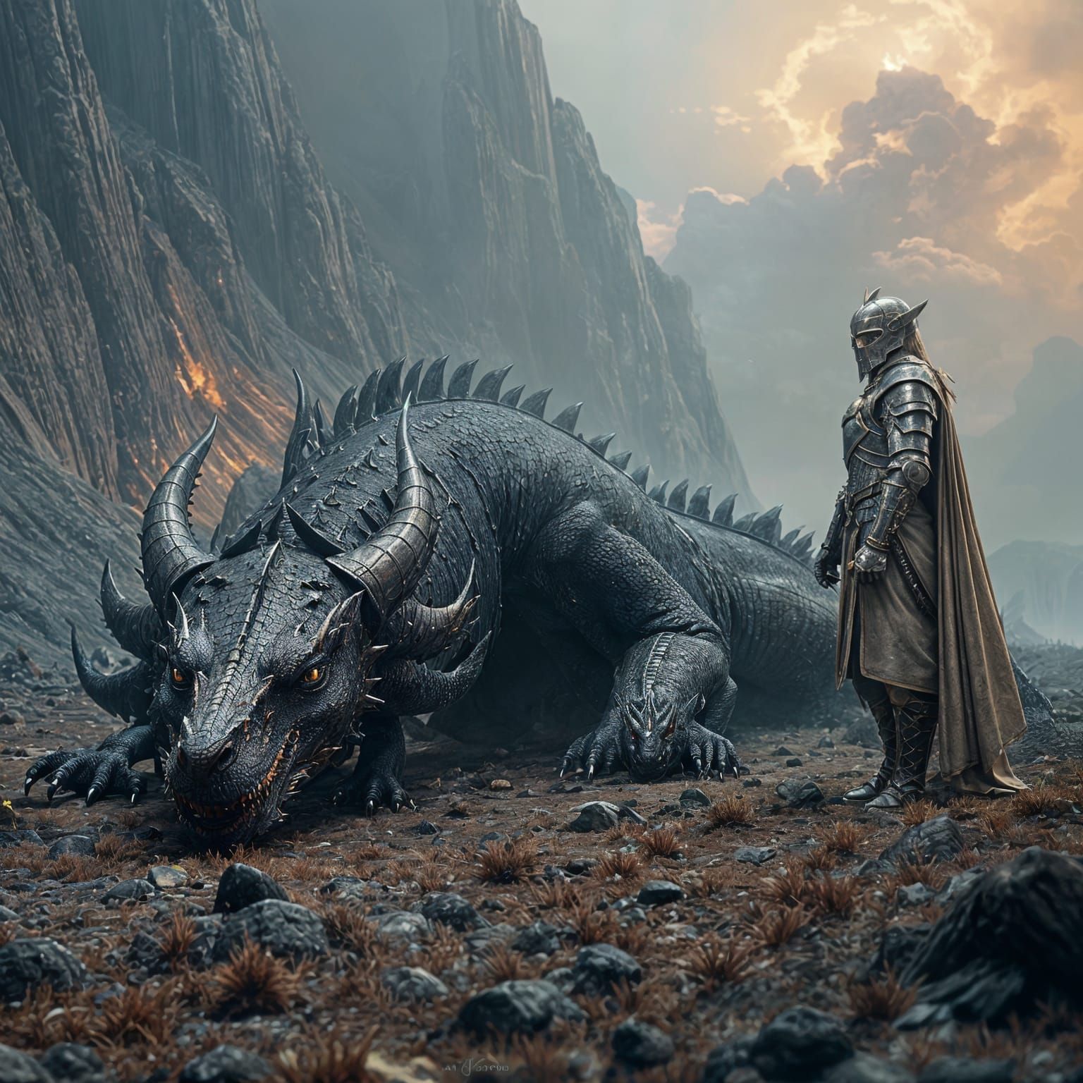 Black Dragon Slain on Battlefield: Fantasy Art