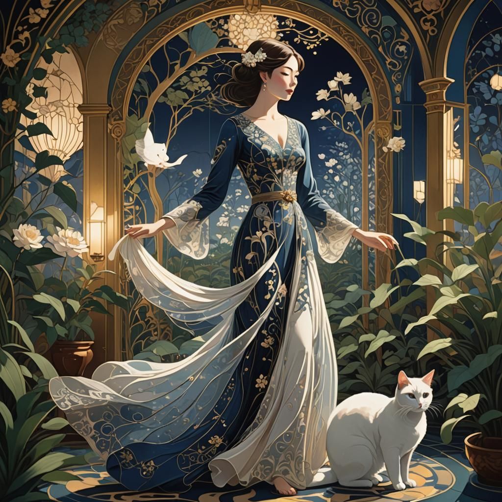 Elegant Lady with Cat in Art Nouveau Style