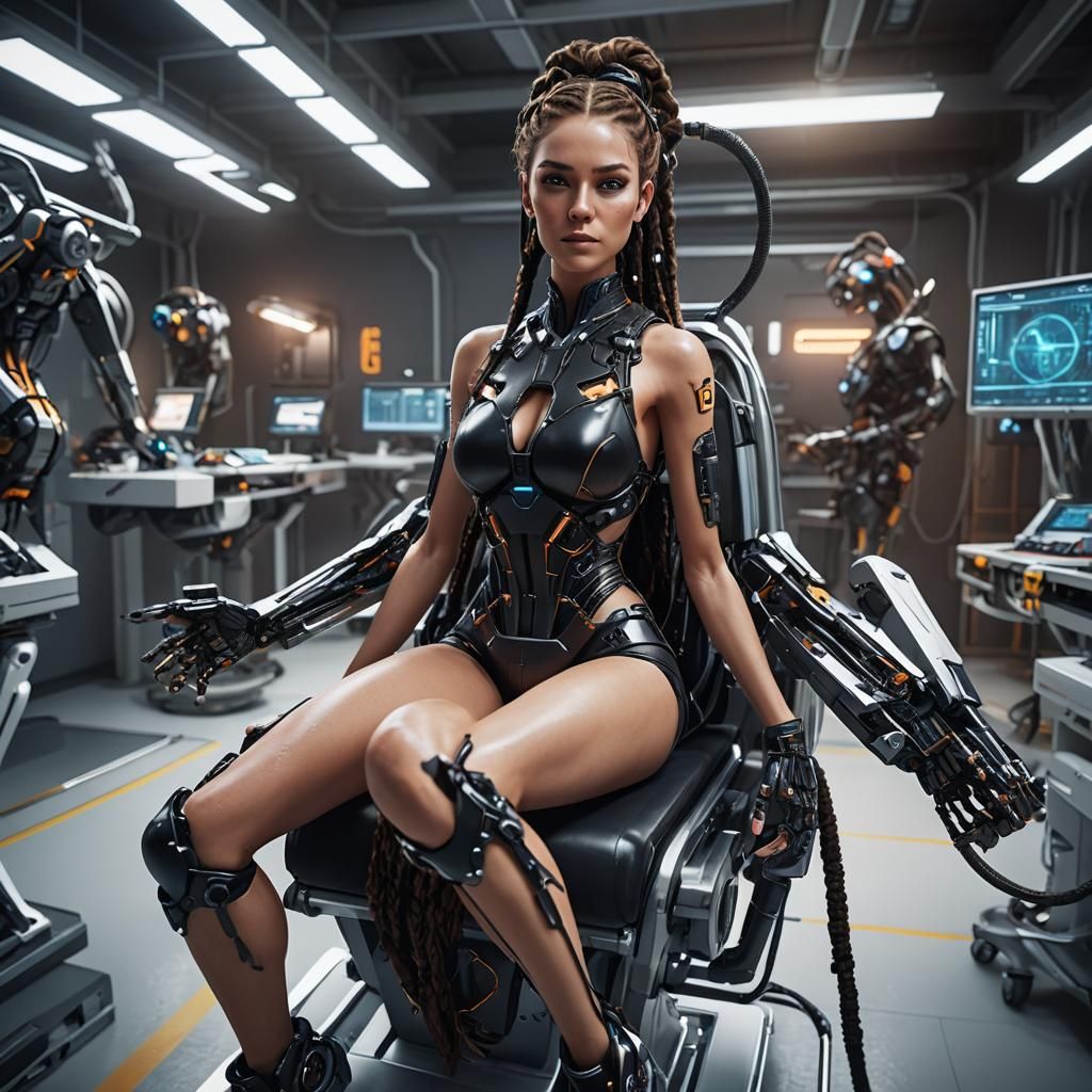 Girl with Cybernetic Legs in Robotics Lab