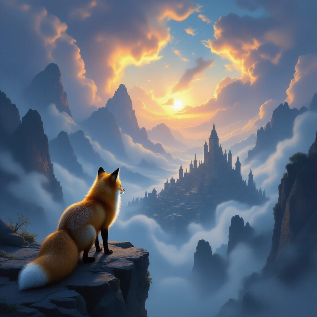 Golden Fox Overlooking Misty City Under Nebulae Sky