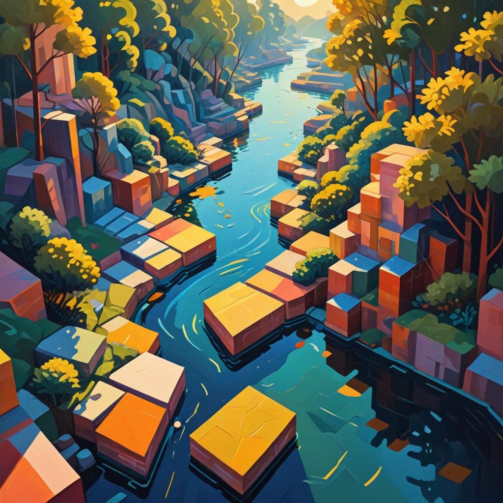 Rivers Meet in Cubist Geometric Fauvism Painting