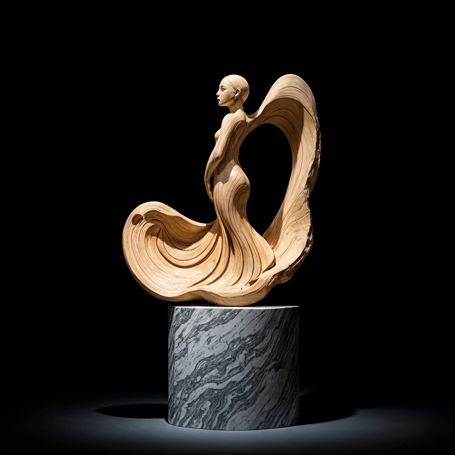 Dramatic Spotlight on Abstract Wood Carving Sculpture