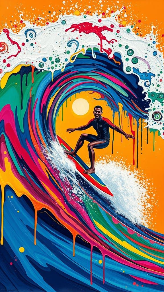 Vibrant Surfer Riding a Multicolored Wave in a Pollock-Inspi...