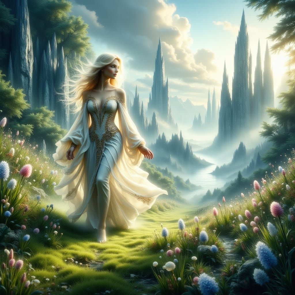 Ethereal Woman in Meadow: A Surrealist Landscape