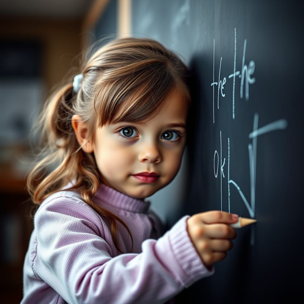 Clever Portrait of a Young Girl Writing on a Blackboard