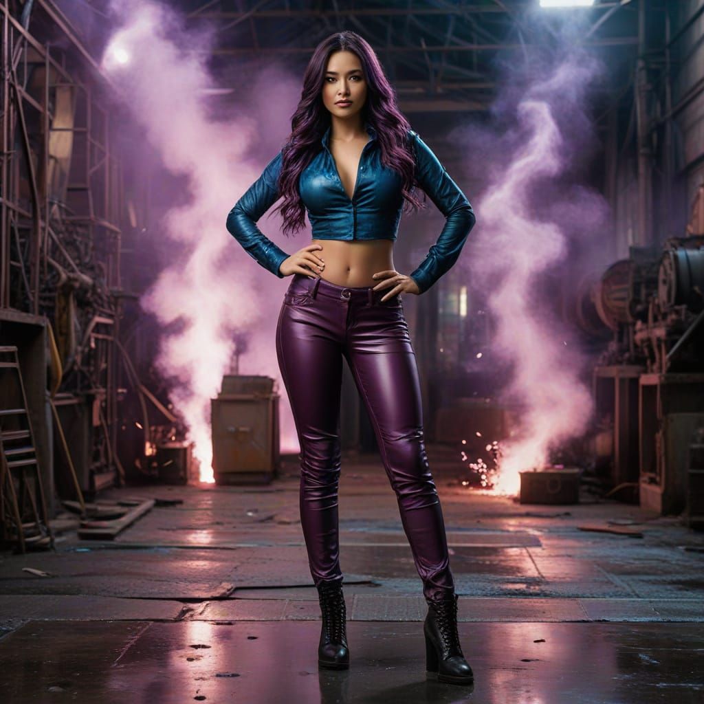 Asian Seductress in Leather Pants in Foundry Setting