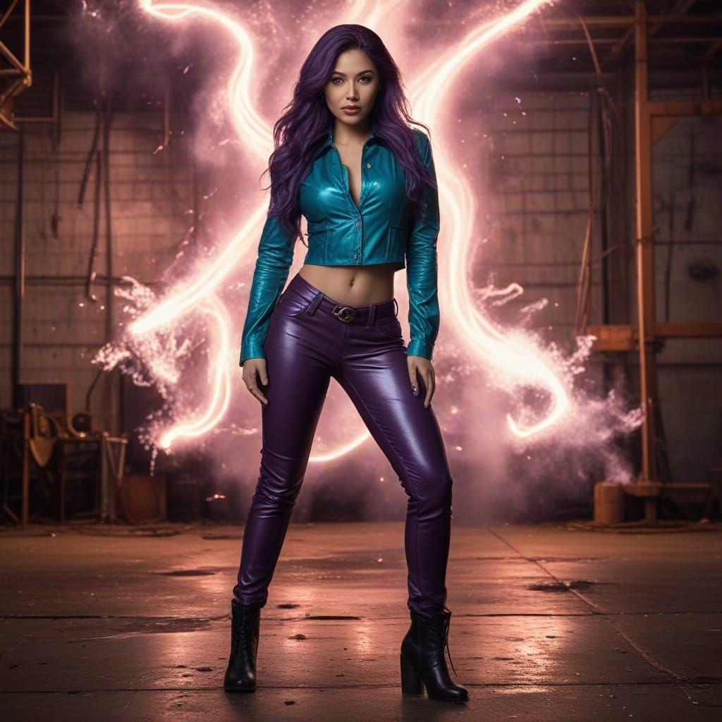 Asian Seductress in Leather Pants with Purple Hair