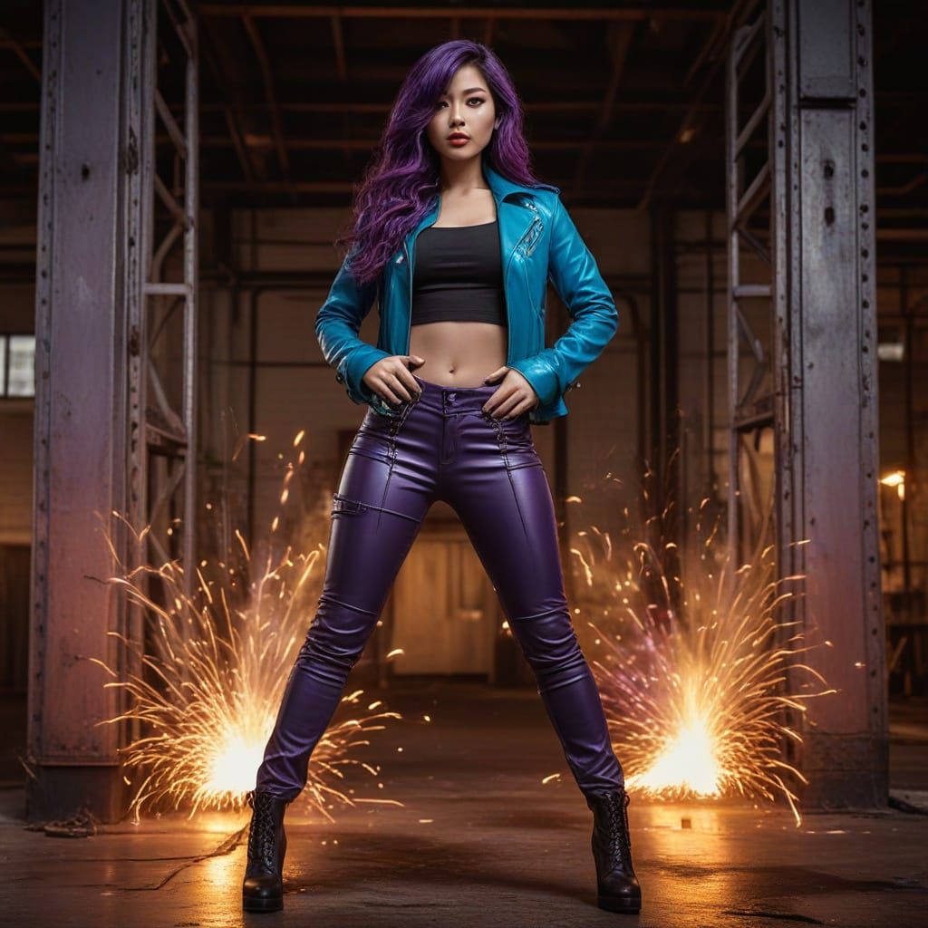 Asian Seductress in Leather Pants with Purple Hair