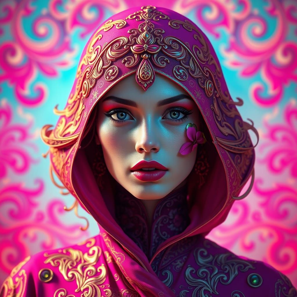Mystical Fuschia Portrait in Vibrant Art Nouveau Style