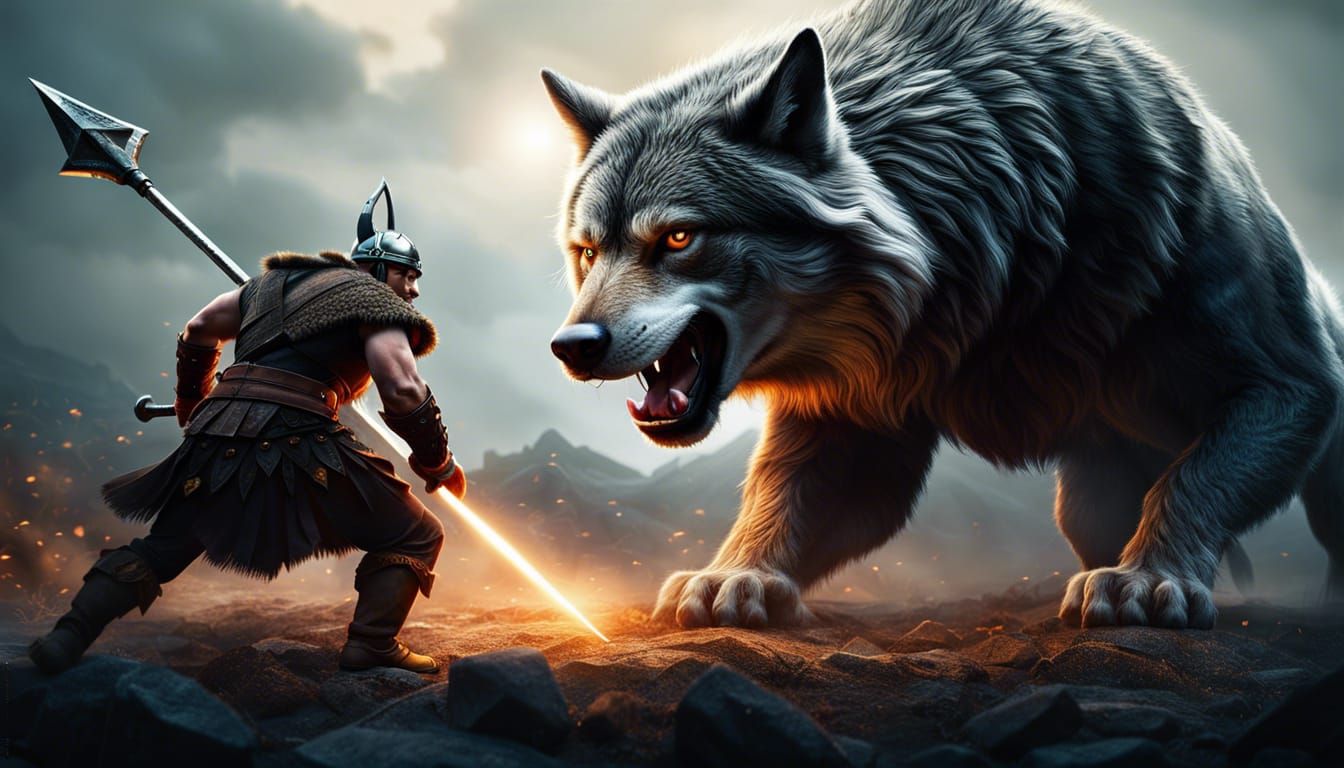 Viking and Giant Wolf Battle in Dark Fantasy