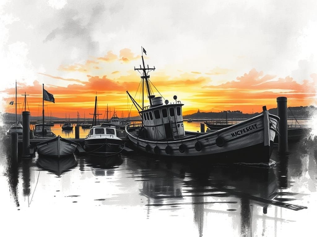 Charcoal Boat at Harbour with Sunset Color Splash