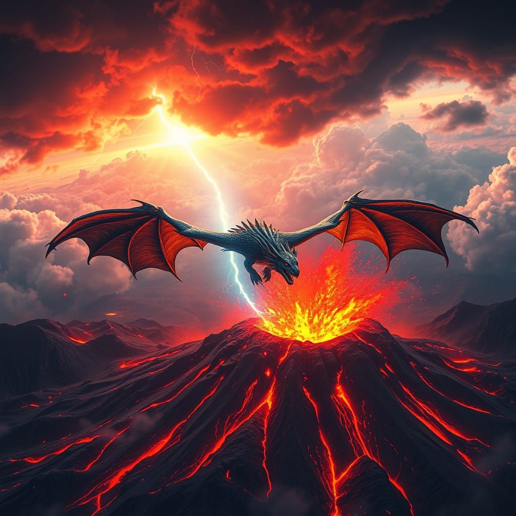 Dragon Volcano Lightning in Futuristic Landscape