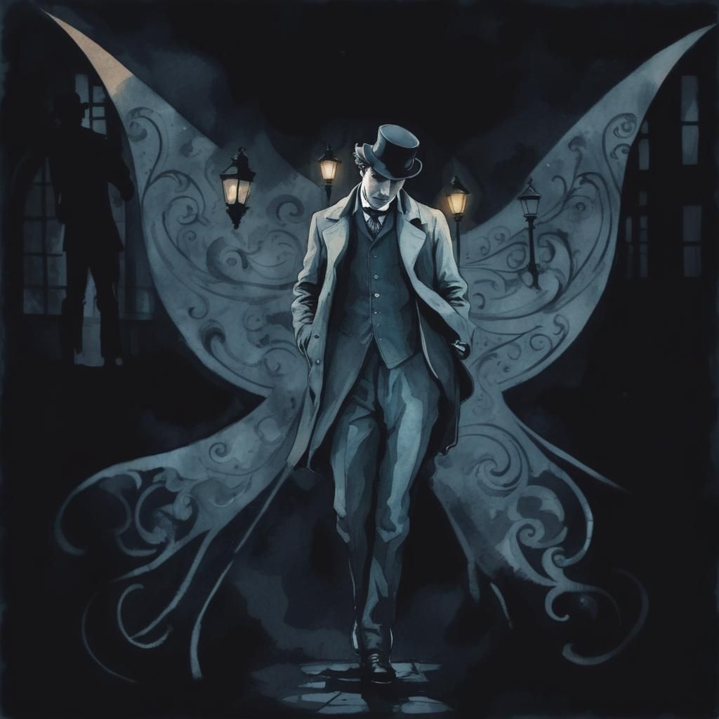 Sherlock Holmes Silhouette in Steampunk London Ink Painting