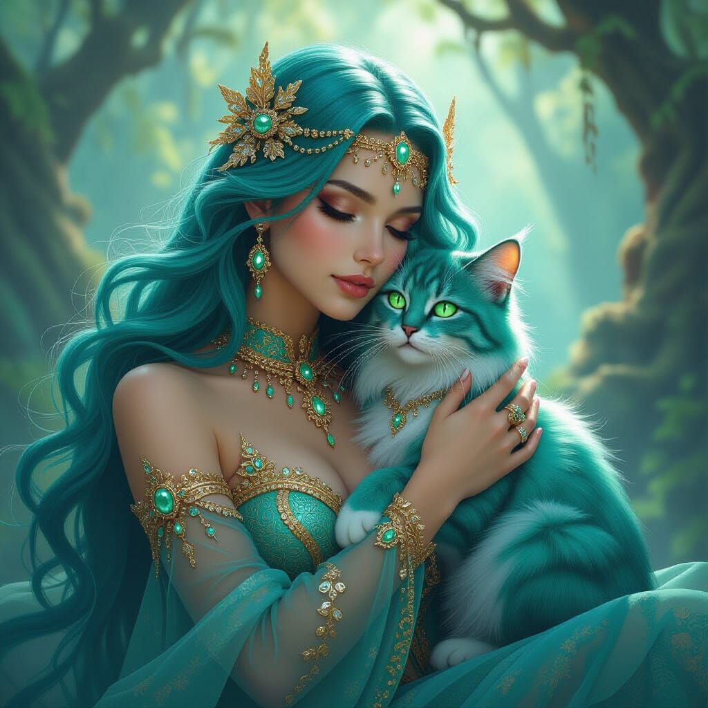 Fantasy Woman with Cat in Art Nouveau Style