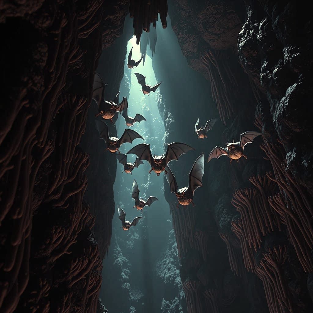 Surreal Bats Thrive in Dark Cave Realms with Intricately Det...