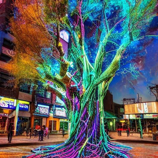 Ancient Tree with Circuit Roots in Futuristic City Square