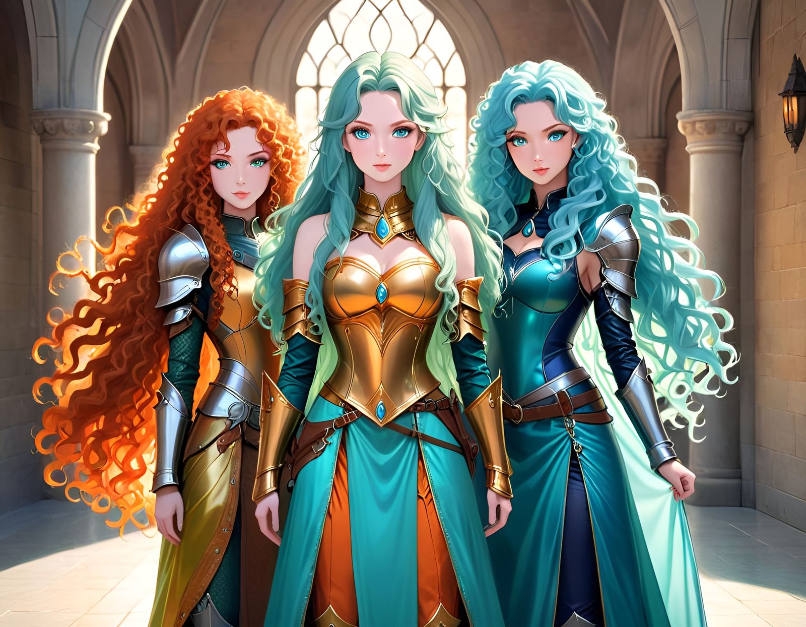 Anime-Style Trio of Armored Women in Gold