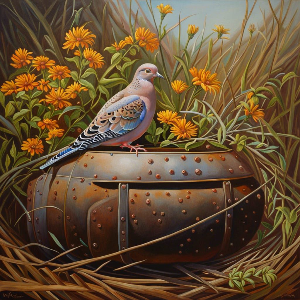 Dove Nesting in Rusted Tank Oil Painting