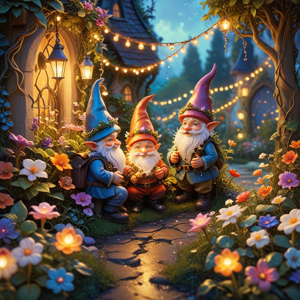 Magical Gnome Garden in Oil Painting Style