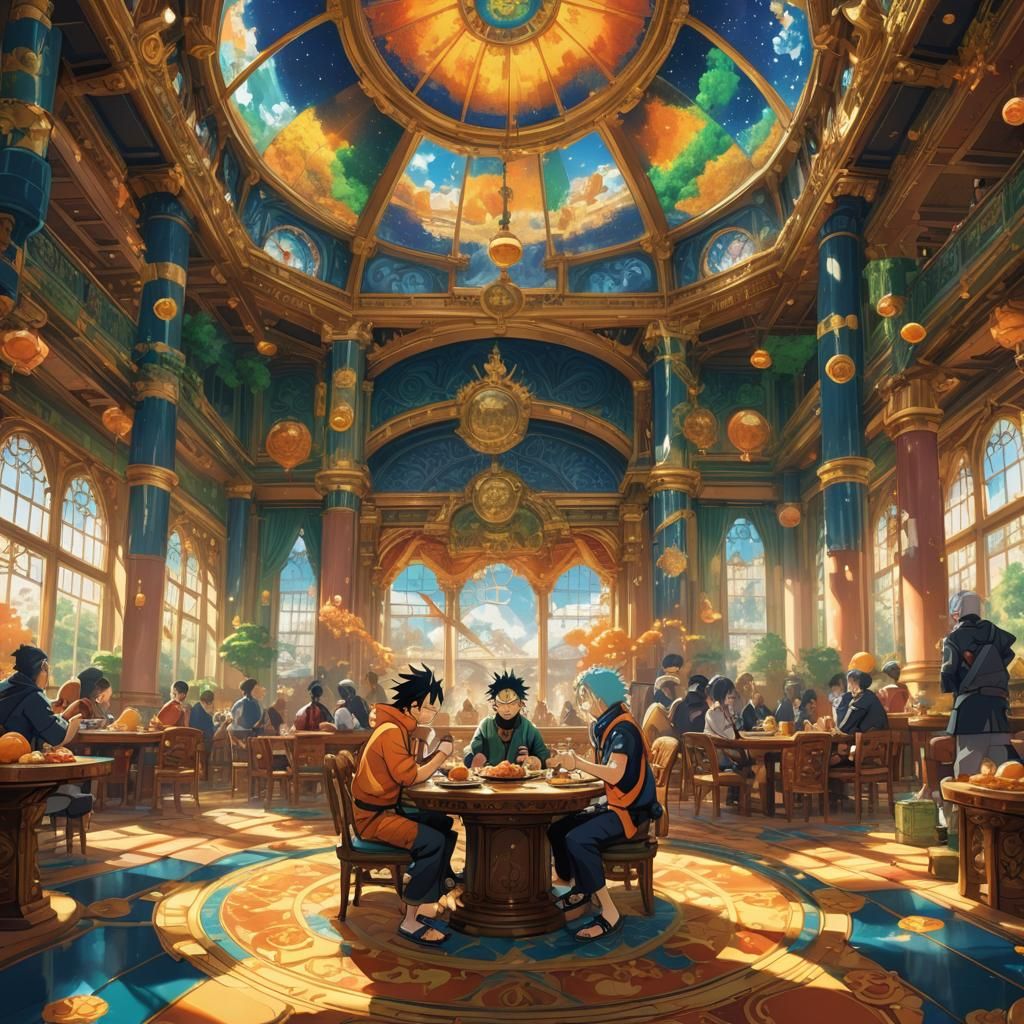 Luffy and Naruto Feast in Ornate Hall