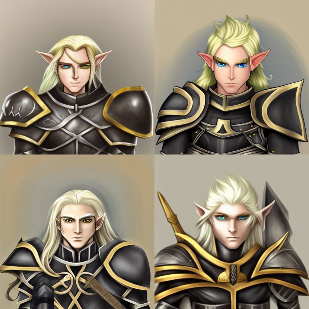 Elven Knight in Black Armor, Blonde Hair, Yellow Eyes