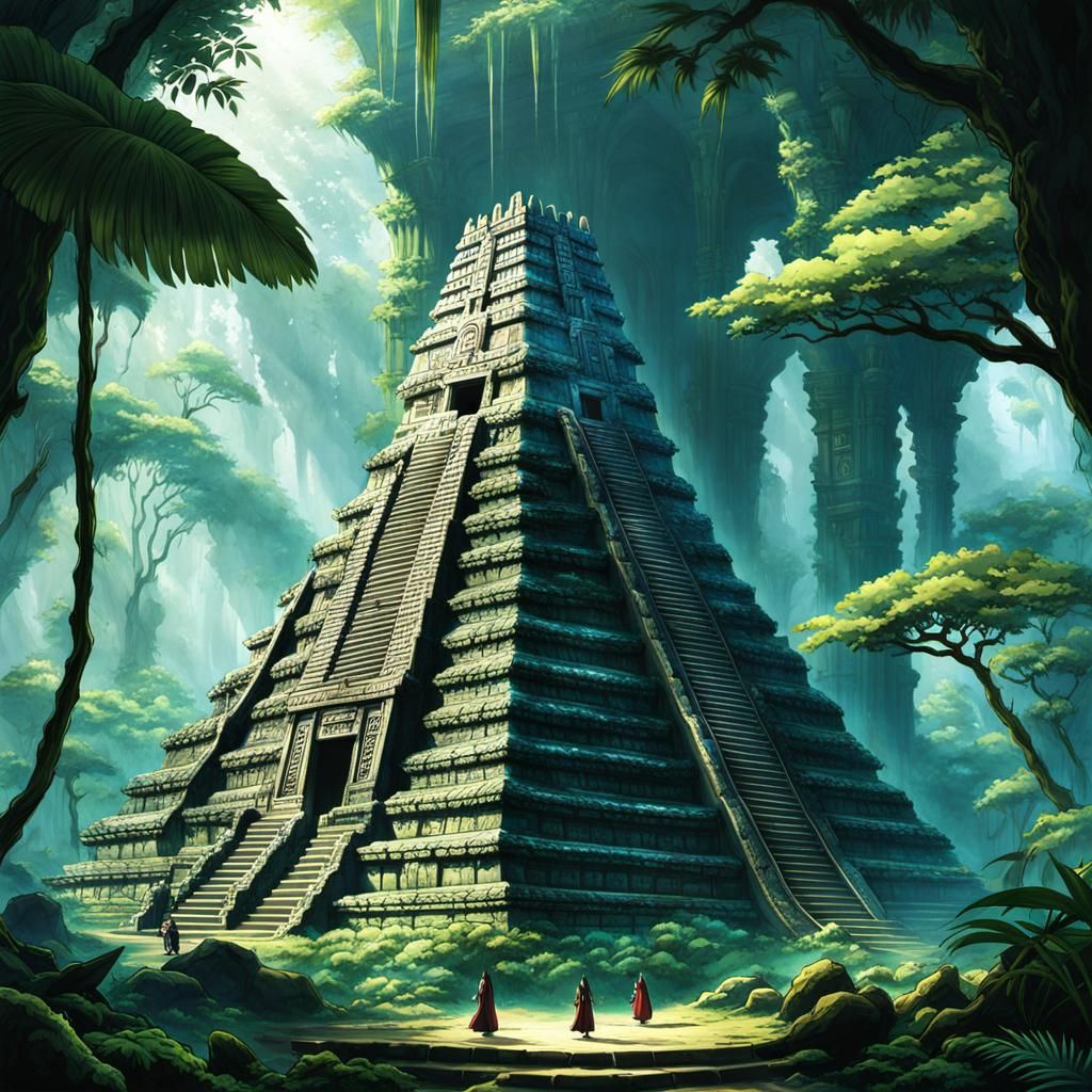 Mayan Temple with Alien in Anime Style