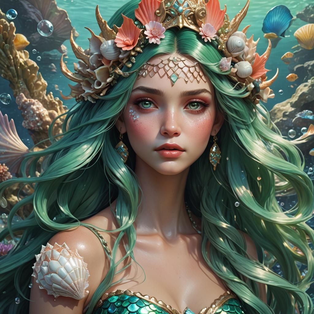 Mermaid Fairy Portrait in Art Nouveau Style