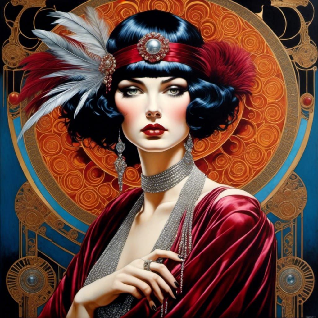 Feathered Flapper Girl in Art Nouveau Style