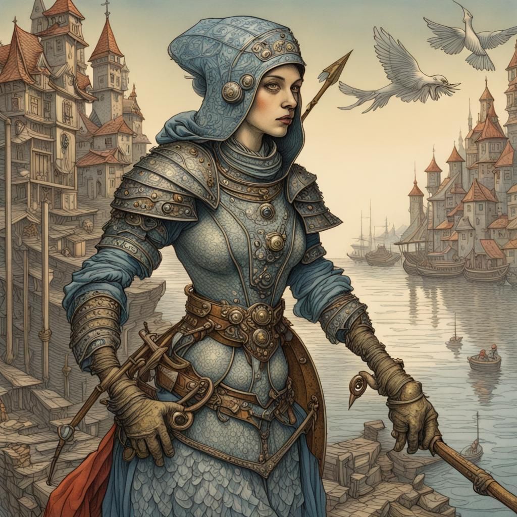 Armored Aarakocra Fisherwoman in Surrealist Style