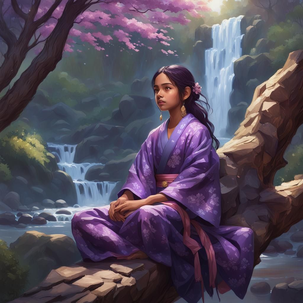 Hispanic Girl in Kimono Overlooking Waterfall