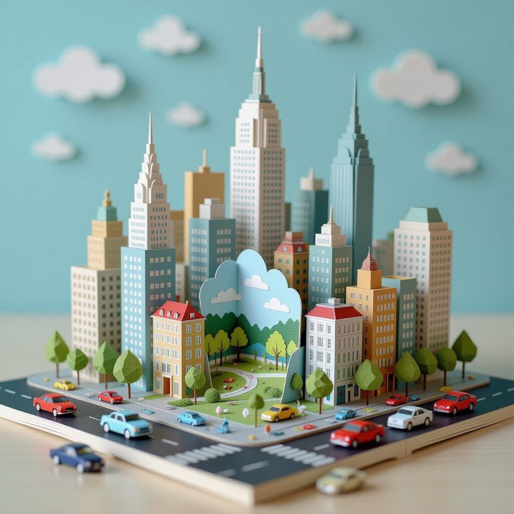 Intricate Paper City Diorama in Pop-Up Style